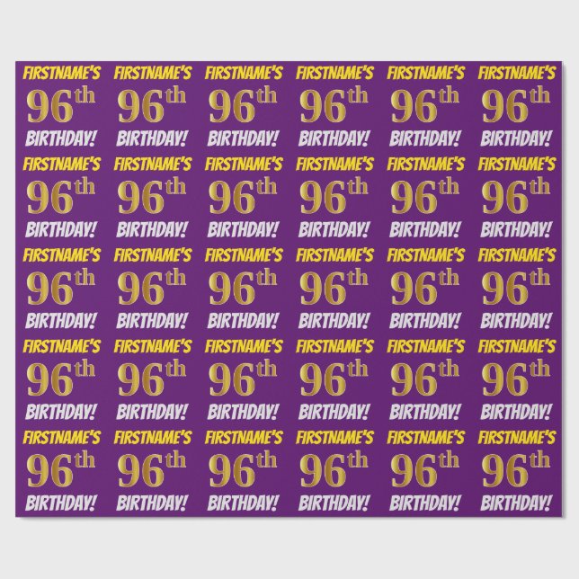 Papel De Regalo Morado, Faux/Imitation Gold, "96th BIRTHDAY" (Superficie plana)
