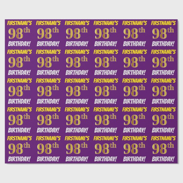 Papel De Regalo Morado, Faux/Imitation Gold, "98th BIRTHDAY" (Superficie plana)