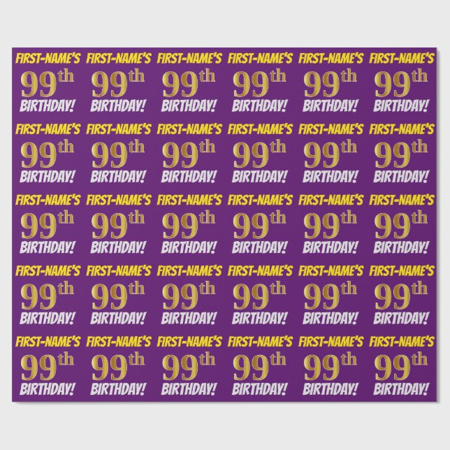 Papel De Regalo Morado, Faux/Imitation Gold, "99th BIRTHDAY" (Superficie plana)