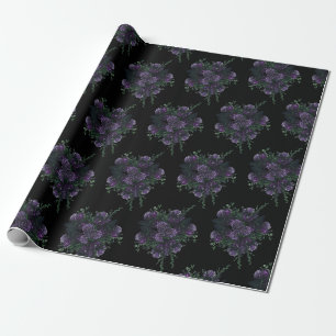Papel De Regalo Morado Floral sobre negro Boda gótico