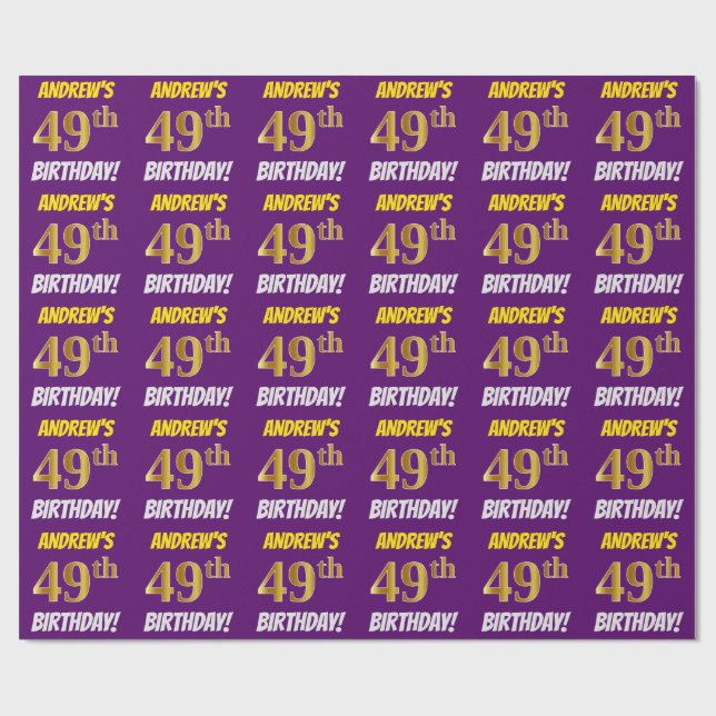 Papel De Regalo Morado, Oro Falso/Imitación, "49º CUMPLEAÑOS" (Superficie plana)