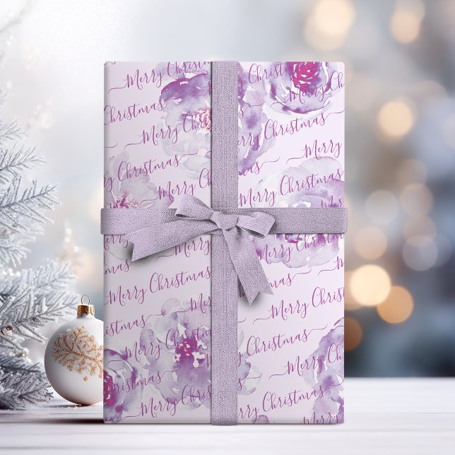 Papel De Regalo Morado Personalizado Feliz Navidad Script Floral (Purple Personalized Merry Christmas Script Floral Wrapping Paper)