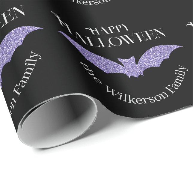 Papel De Regalo Morado Purpurina Bat Happy Halloween (Esquina del rollo)