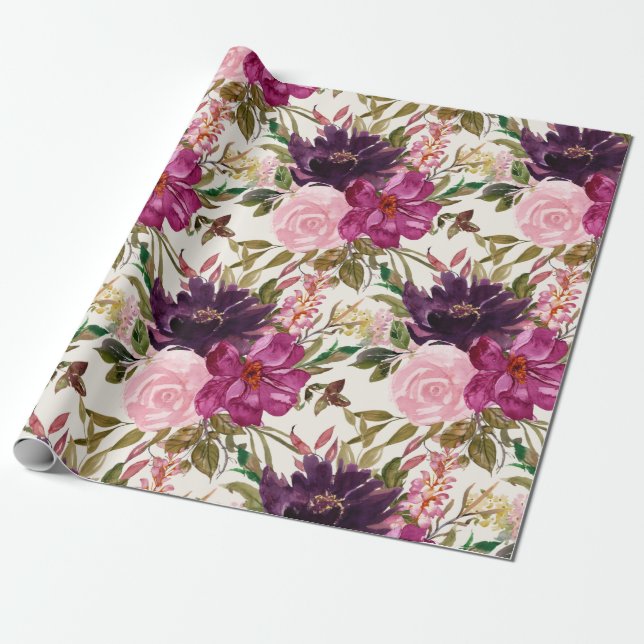 Papel De Regalo Morado Rosa Magenta Acuarela Floral Botánica (Desenrollado)