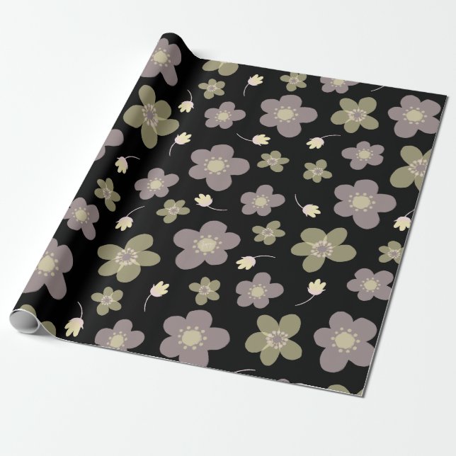 Papel De Regalo Morado y verde oliva mariposa con flores en negro (Desenrollado)