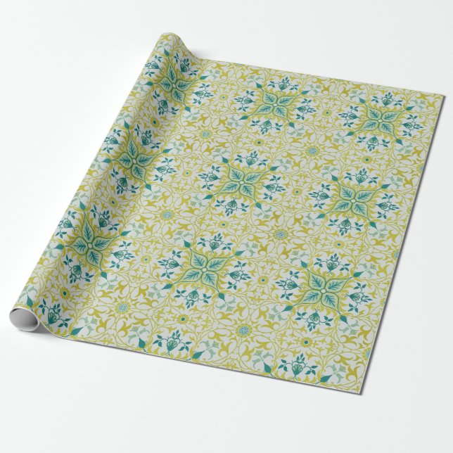 Papel De Regalo Morris Yellow Turquoise Vine & Flower Pattern (Desenrollado)