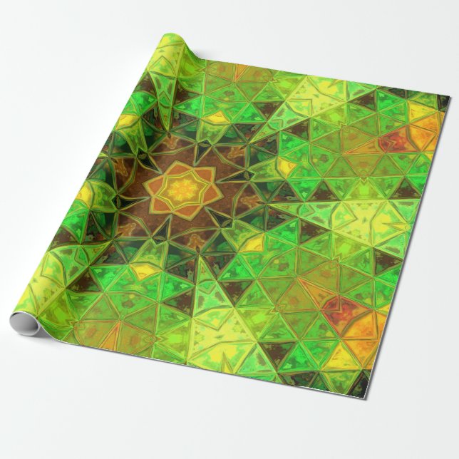 Papel De Regalo Mosaic Kaleidoscope Flor verde y Naranja (Desenrollado)
