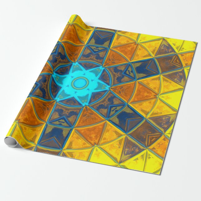 Papel De Regalo Mosaico Kaleidoscope Flor amarillo y azul (Desenrollado)