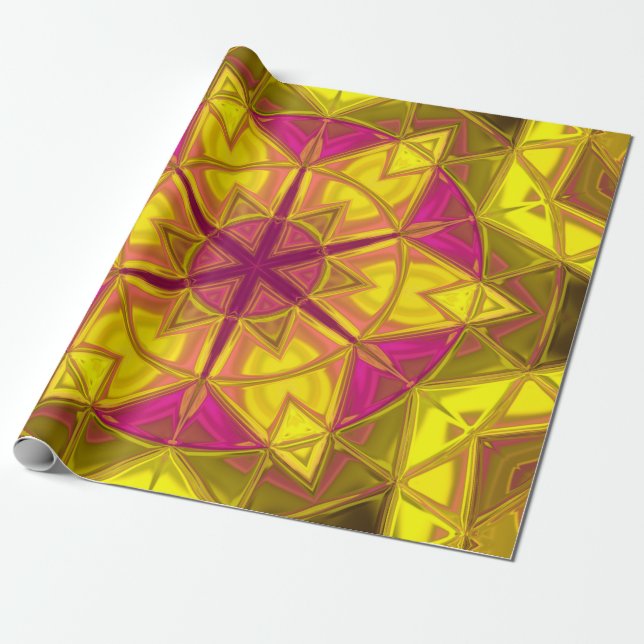 Papel De Regalo Mosaico Kaleidoscope Flor amarillo y rosa (Desenrollado)