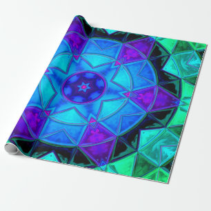 Papel De Regalo Mosaico Kaleidoscope Flor azul morado y Verde azul