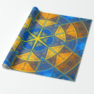 Papel De Regalo Mosaico Kaleidoscope Flor azul y amarillo