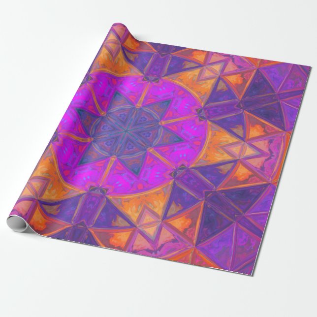 Papel De Regalo Mosaico Kaleidoscope Flor morado rosa y amarillo (Desenrollado)
