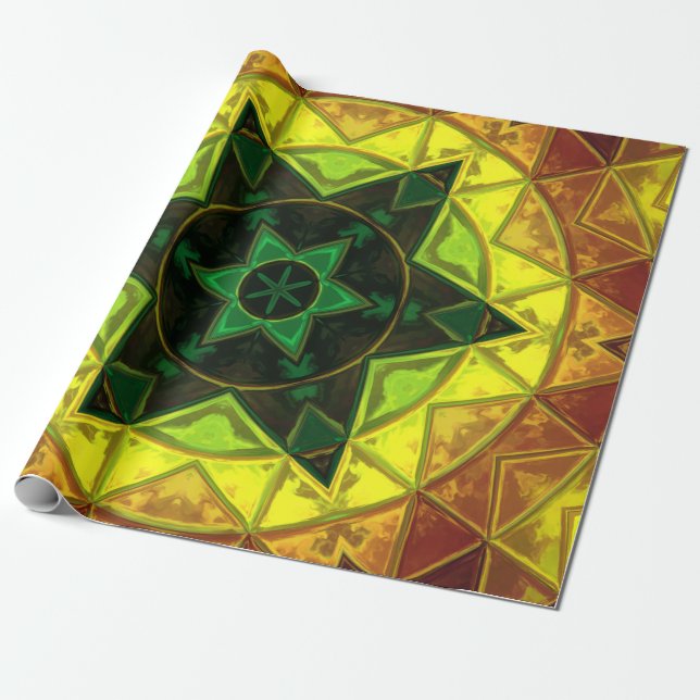 Papel De Regalo Mosaico Kaleidoscope Flor verde y amarillo (Desenrollado)