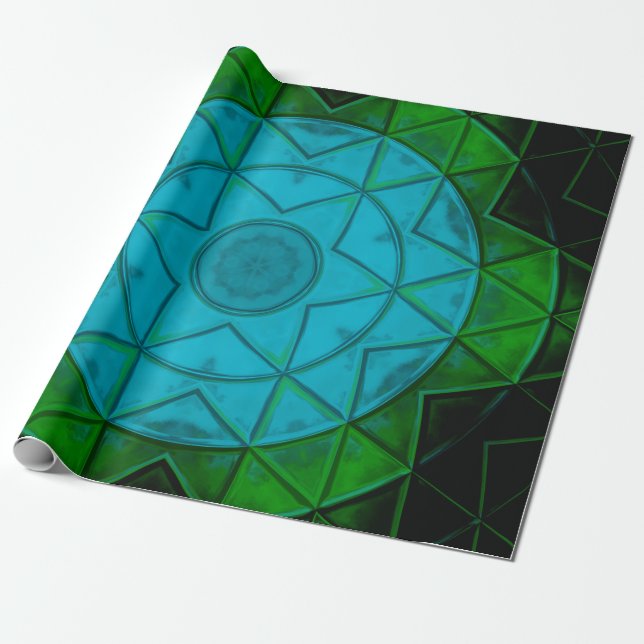 Papel De Regalo Mosaico Kaleidoscope Flor verde y azul (Desenrollado)