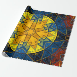 Papel De Regalo Mosaico Mandala Flor amarillo azul y rojo