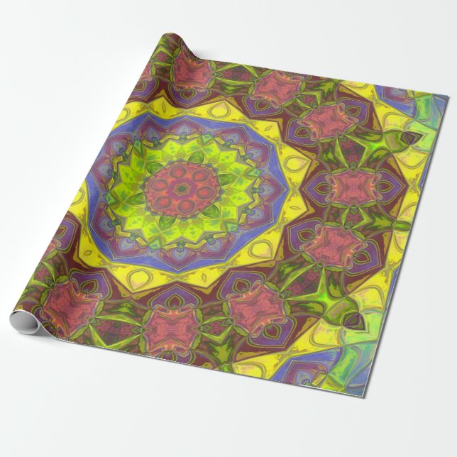 Papel De Regalo Mosaico Mandala Flor amarillo rosa y verde (Desenrollado)