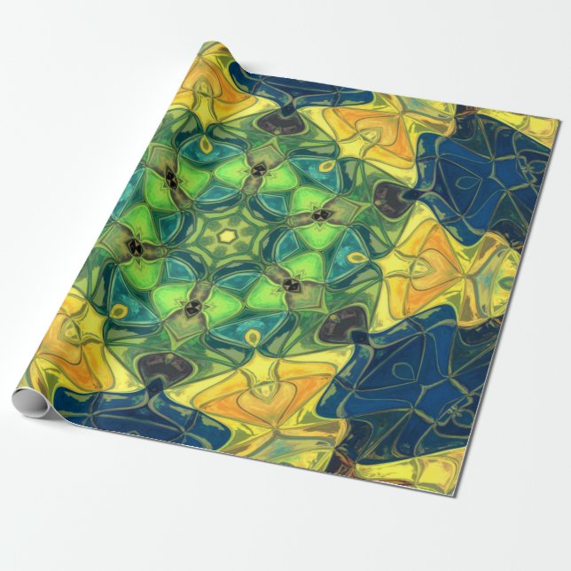 Papel De Regalo Mosaico Mandala Flor Amarillo Verde y Azul (Desenrollado)