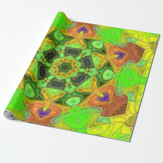 Papel De Regalo Mosaico Mandala Flor Naranja Verde y Amarillo (Desenrollado)