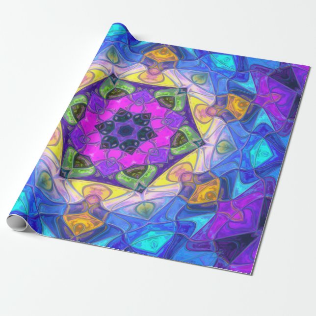 Papel De Regalo Mosaico Mandala Flor rosa azul y amarillo (Desenrollado)