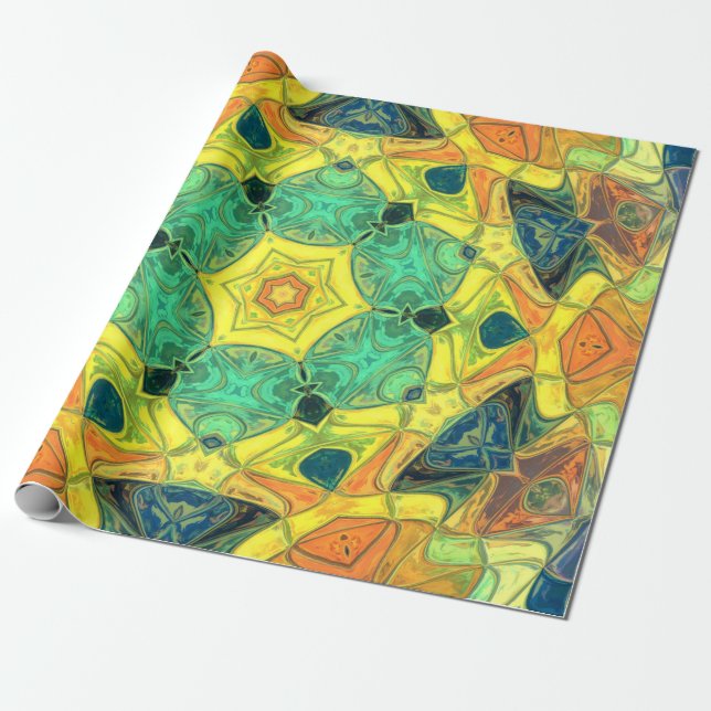 Papel De Regalo Mosaico Mandala Flor Verde Amarillo azul y Naranja (Desenrollado)