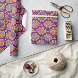 Papel De Regalo mosaico marroquí boho geométrico flores doradas pú