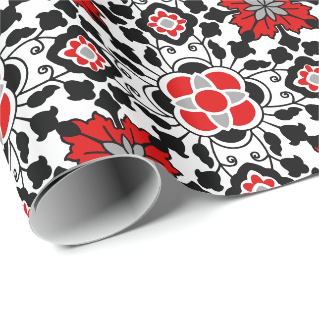 Papel De Regalo Mosaico marroquí floral, rojo profundo, negro y bl (Esquina del rollo)