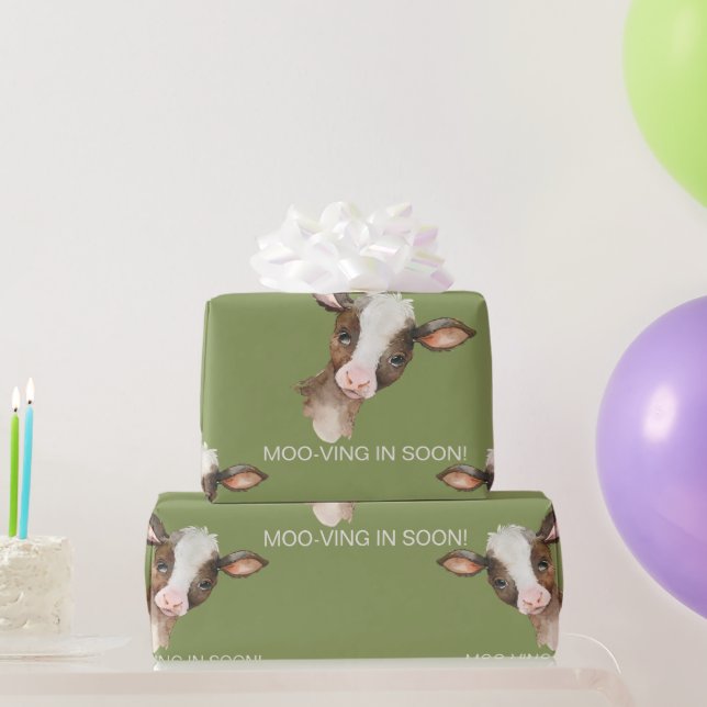 Papel De Regalo ¡Moss Green Cow Moo-ving pronto! Baby Shower (Regalos de fiesta)