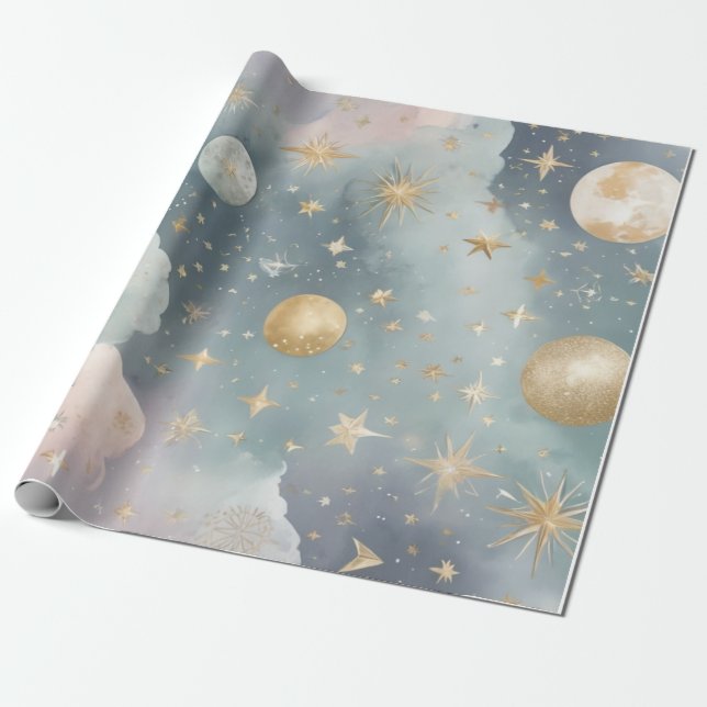 Papel De Regalo Motivos celestes como lunas, estrellas (Desenrollado)