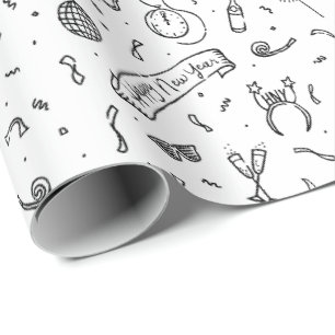 Papel De Regalo Motivos divertidos, ilustrados a mano en Año Nuevo
