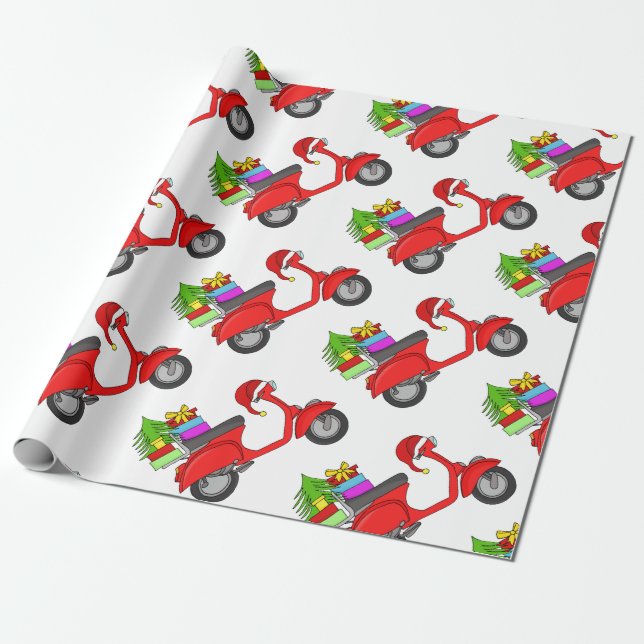Papel De Regalo Motocicleta de Navidades retro dibujada a mano (Desenrollado)