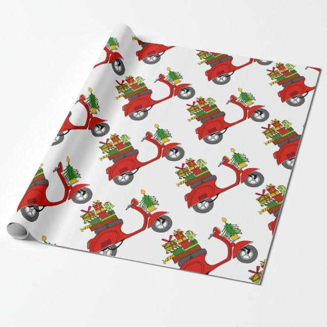 Papel De Regalo Motocicleta de Navidades retro dibujada a mano (Desenrollado)
