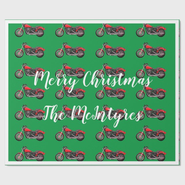 Papel De Regalo Motocicletas rojas en Navidades verdes (Superficie plana)