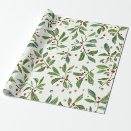 Papel De Regalo Muérdago Alegre Fruta Rojo Blanco Acuarela