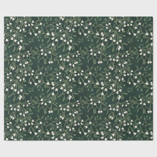 Papel De Regalo Muérdago elegante verde oscuro y bayas blancas de