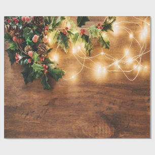 Papel De Regalo Muérdago verde, Luces de Cadena, Madera de Navidad