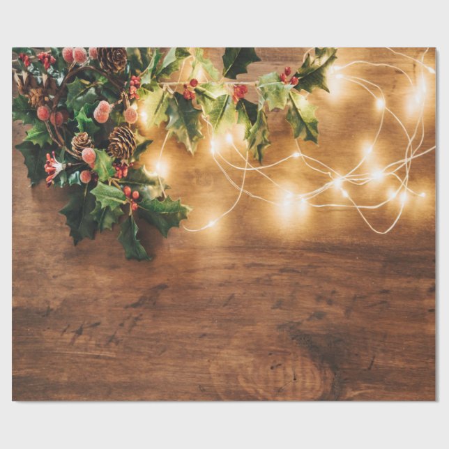 Papel De Regalo Muérdago verde, Luces de Cadena, Madera de Navidad (Superficie plana)
