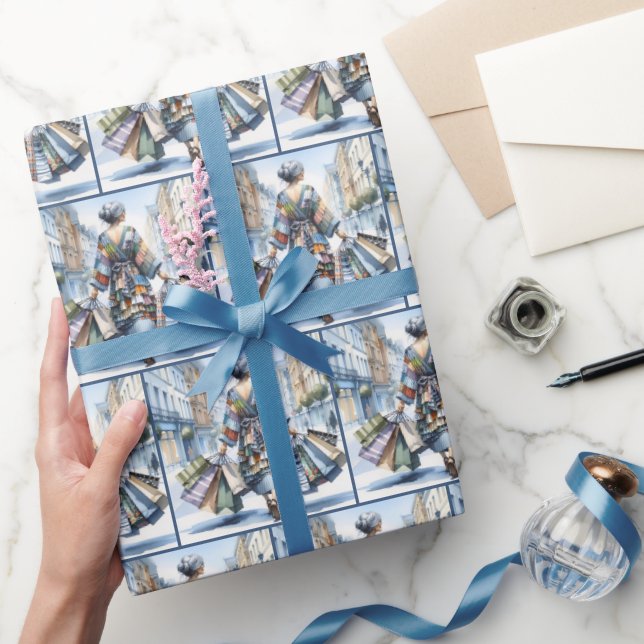 Papel De Regalo Mujer acuarela compradora con bolsas (Regalar)