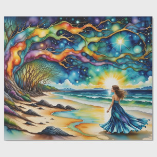 Papel De Regalo Mujer, árbol colorido de la vida en la playa del o