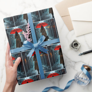 Papel De Regalo Mujer con un paraguas rojo y maletín