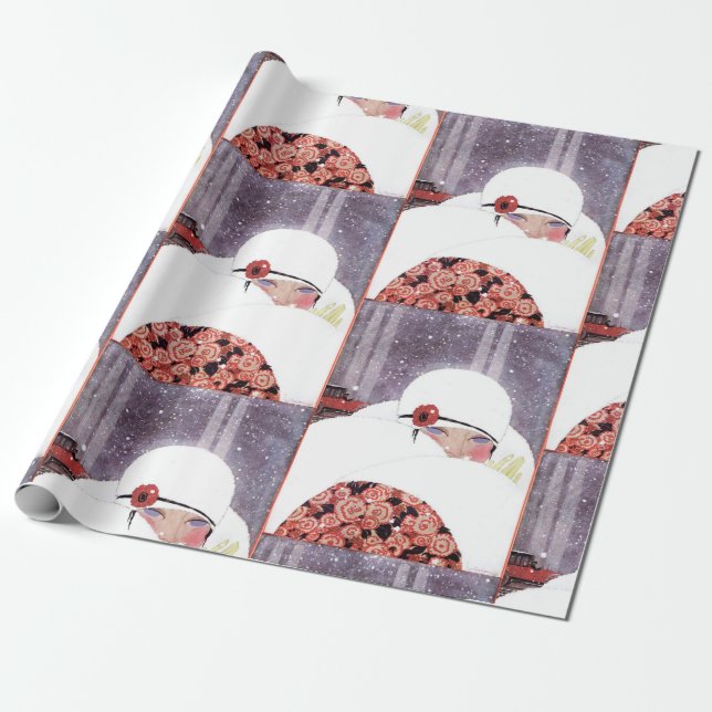 PAPEL DE REGALO MUJER EN LA NIEVE, MODA DE BELLEZA DE INVIERNO (Desenrollado)