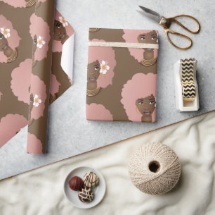 Papel De Regalo Mujer negra, africano rosado con flores, marrón