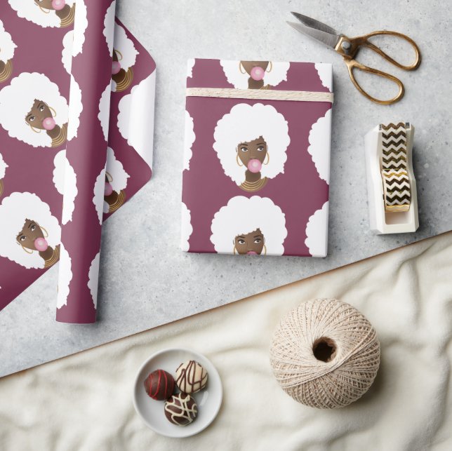 Papel De Regalo Mujer negra, afro blanco, bblegum rosado, púrpura (Artesanía)