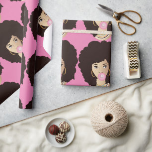 Papel De Regalo Mujer negra, pelo natural, bazuqueo rosado, rosa
