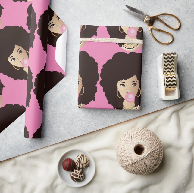 Papel De Regalo Mujer negra, pelo natural, bazuqueo rosado, rosa (Artesanía)