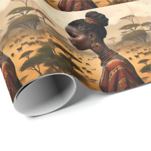 Papel De Regalo Mujer Tribal Vigilando Su Paisaje Africano,
