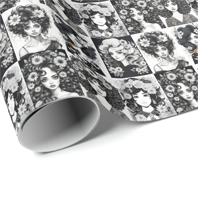 Papel De Regalo Mujeres caprichosas en blanco y negro (Esquina del rollo)