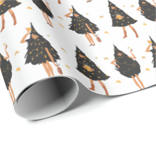 Papel De Regalo Mujeres vestidas con negro árbol de Navidad, blanc