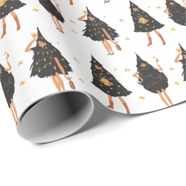 Papel De Regalo Mujeres vestidas con negro árbol de Navidad, blanc (Esquina del rollo)