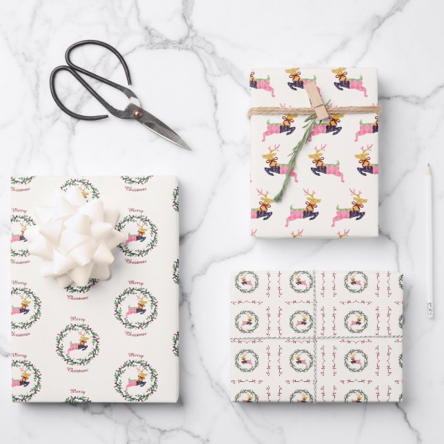 Papel de regalo múltiple de ciervos de Feliz Navid (Anverso)