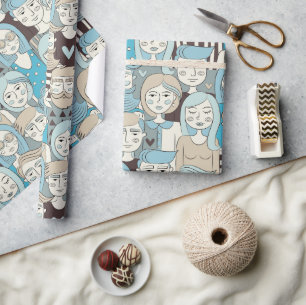 Papel De Regalo Multitud del Centro Enfrenta Azul/Beige ID494